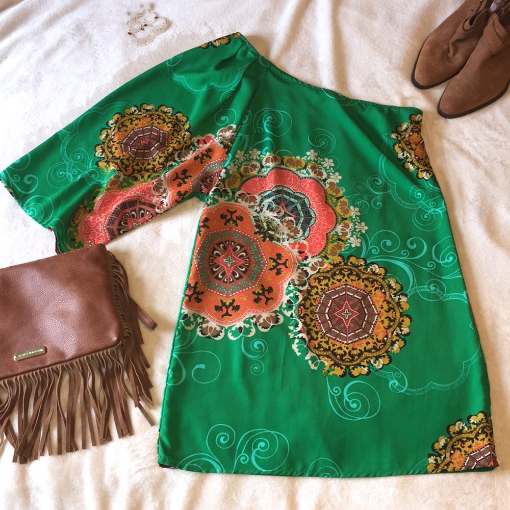 Hello Miss Boho Green medallion Cold Shoulder off shoulder A-line dress Large